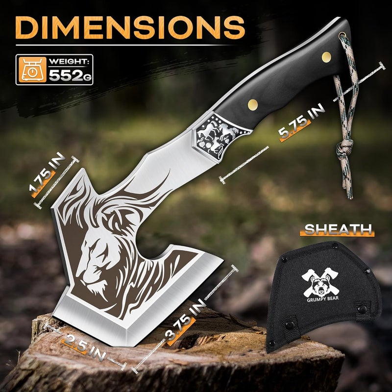 GRUMPY BEAR Camping Hatchet with Lion Carving, Full Tang Outdoor Axe with Decorative Handle, Durable Forged Blade for Hiking, Bushcraft, and Survival - Image 5